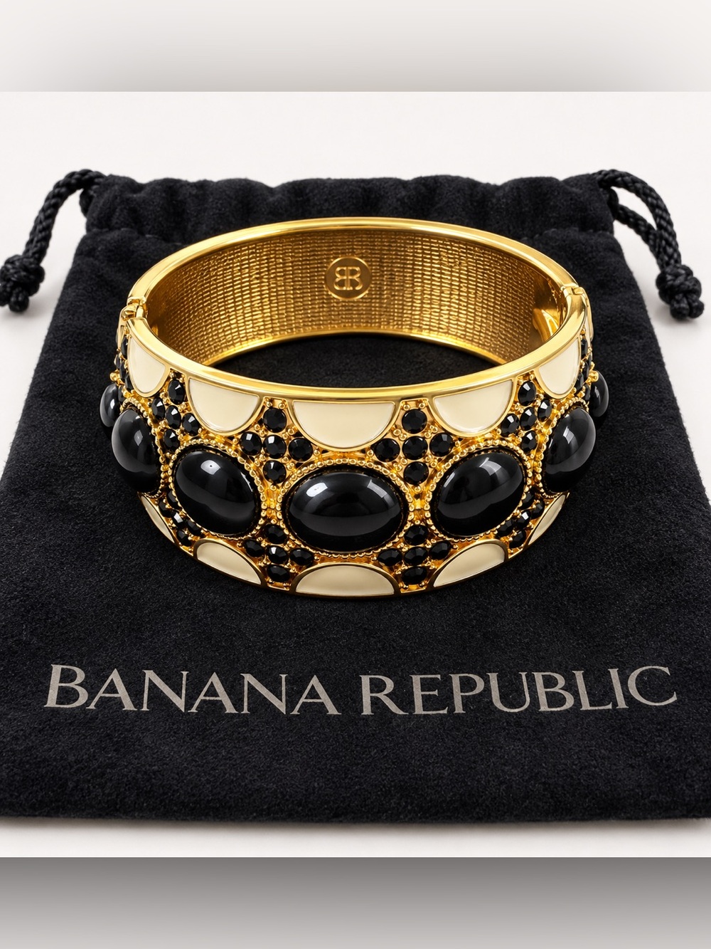 Banana Republic Clamp Bracelet – Black Cabochon & Ivory Enamel Gold Tone